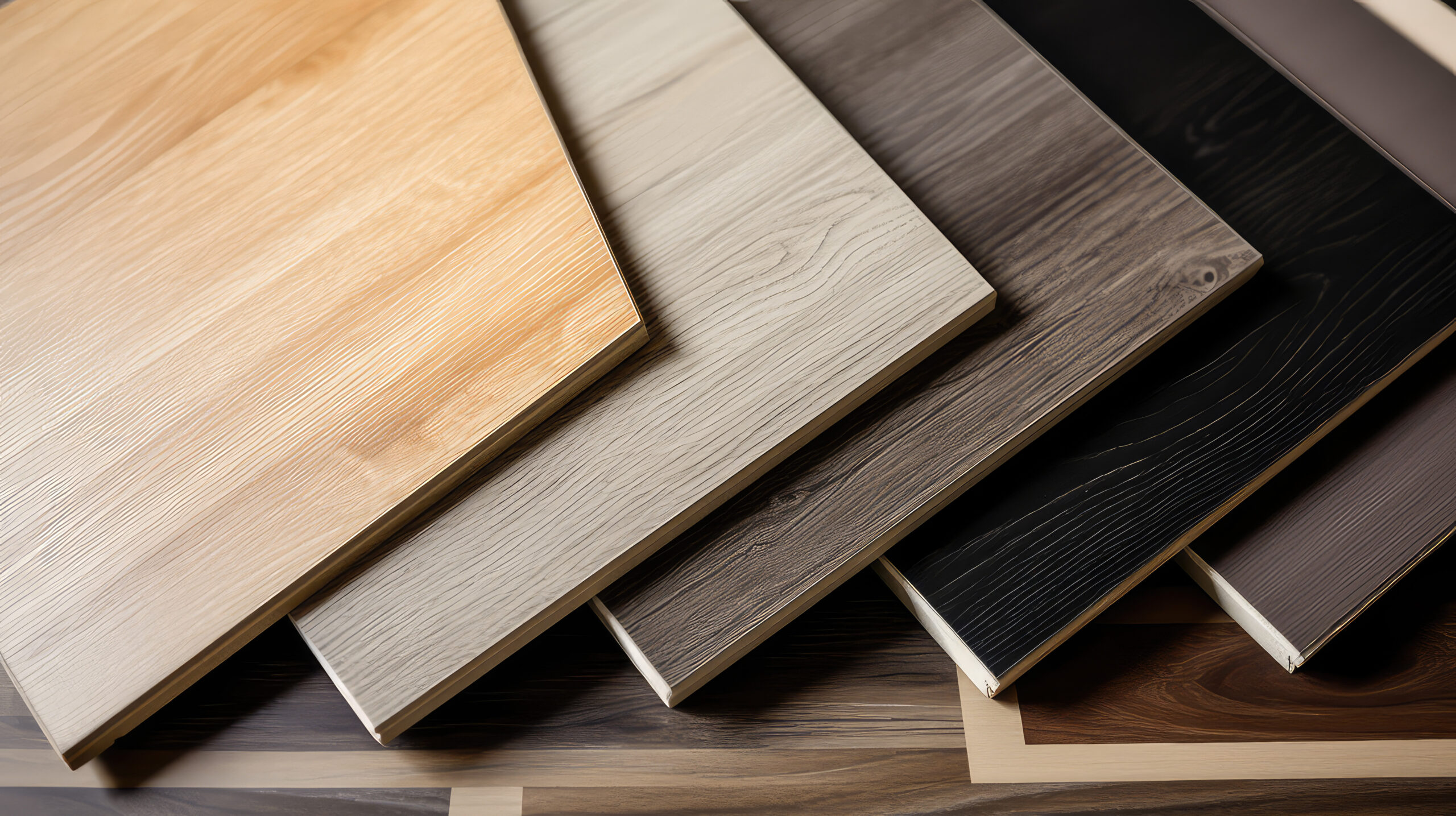 Wood laminate floor square samples, vinyl tile. Assortment of parquet or laminate floor samples in natural colors. Oak wooden background.